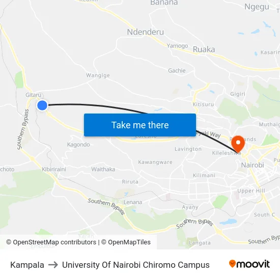 Kampala to University Of Nairobi Chiromo Campus map