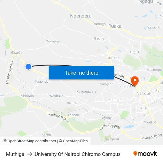 Muthiga to University Of Nairobi Chiromo Campus map