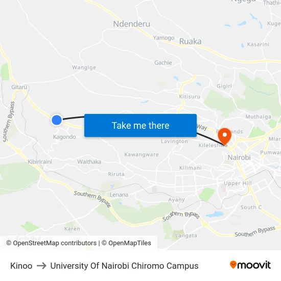 Kinoo to University Of Nairobi Chiromo Campus map