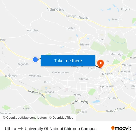 Uthiru to University Of Nairobi Chiromo Campus map