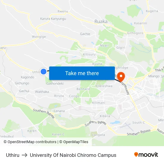 Uthiru to University Of Nairobi Chiromo Campus map