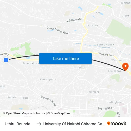Uthiru Roundabout to University Of Nairobi Chiromo Campus map