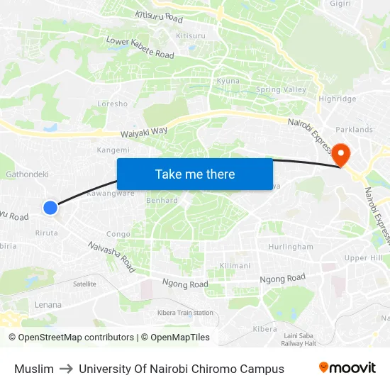 Muslim to University Of Nairobi Chiromo Campus map