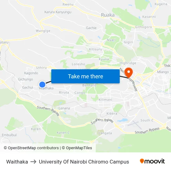 Waithaka to University Of Nairobi Chiromo Campus map