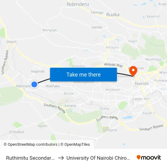 Ruthimitu Secondary School to University Of Nairobi Chiromo Campus map
