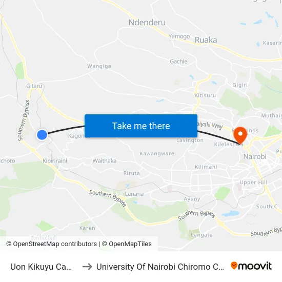 Uon Kikuyu Campus to University Of Nairobi Chiromo Campus map