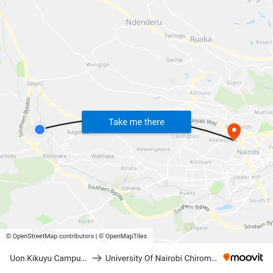 Uon Kikuyu Campus Stage to University Of Nairobi Chiromo Campus map