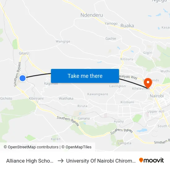 Alliance High School Stage to University Of Nairobi Chiromo Campus map