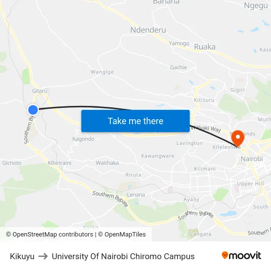 Kikuyu to University Of Nairobi Chiromo Campus map