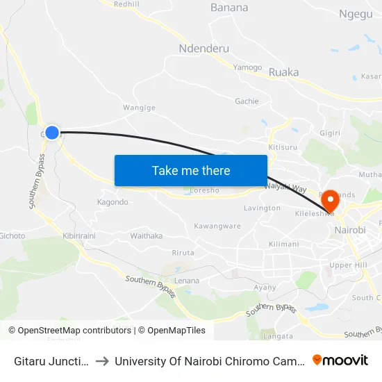 Gitaru Junction to University Of Nairobi Chiromo Campus map