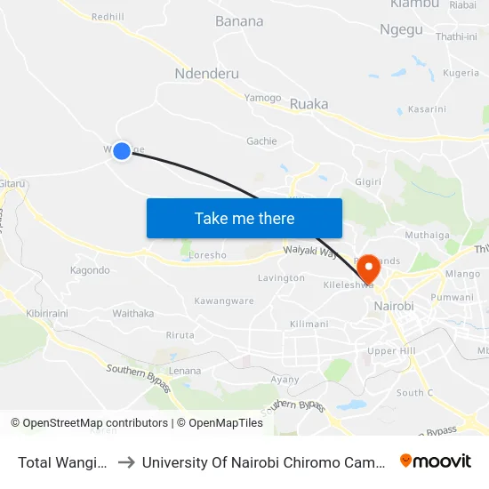 Total Wangige to University Of Nairobi Chiromo Campus map
