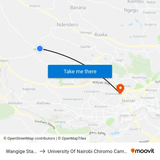 Wangige Stage to University Of Nairobi Chiromo Campus map