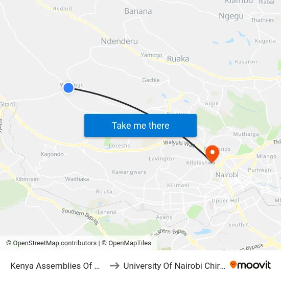 Kenya Assemblies Of God King'Eero to University Of Nairobi Chiromo Campus map