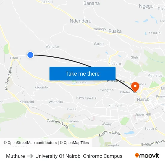 Muthure to University Of Nairobi Chiromo Campus map