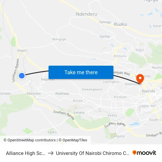 Alliance High School to University Of Nairobi Chiromo Campus map