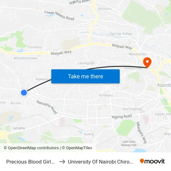 Precious Blood Girls' School to University Of Nairobi Chiromo Campus map