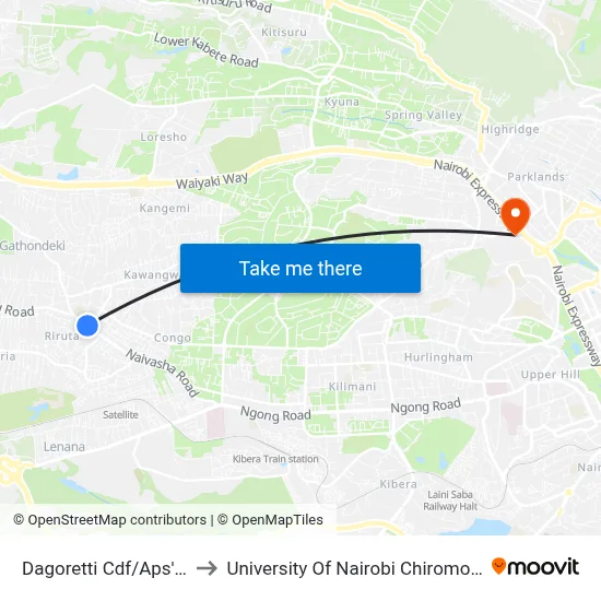 Dagoretti Cdf/Aps' Camp to University Of Nairobi Chiromo Campus map