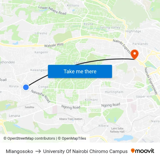 Mlangosoko to University Of Nairobi Chiromo Campus map