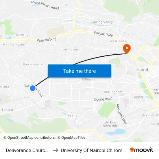 Deliverance Church Riruta to University Of Nairobi Chiromo Campus map