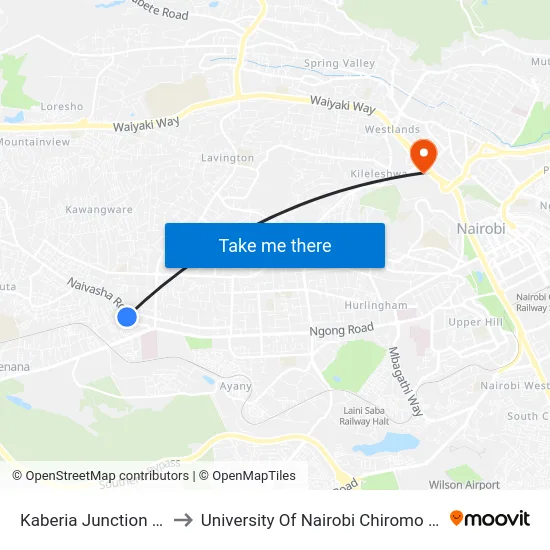 Kaberia Junction Stage to University Of Nairobi Chiromo Campus map