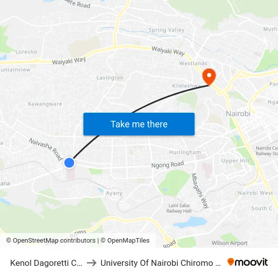 Kenol Dagoretti Corner to University Of Nairobi Chiromo Campus map
