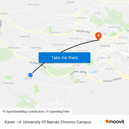 Karen to University Of Nairobi Chiromo Campus map