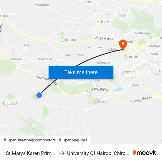 St.Marys Karen Primary School to University Of Nairobi Chiromo Campus map