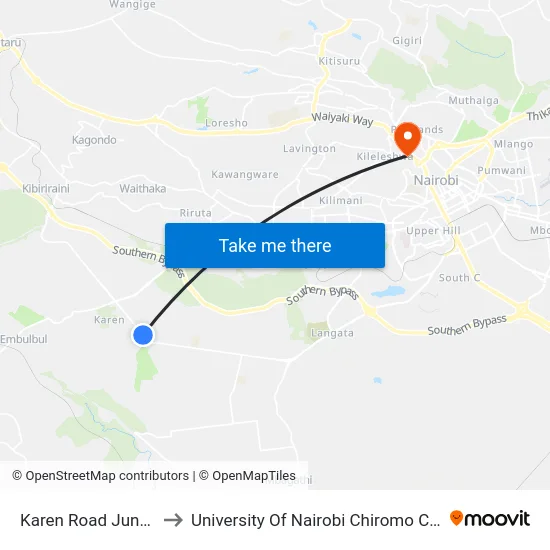 Karen Road Junction to University Of Nairobi Chiromo Campus map