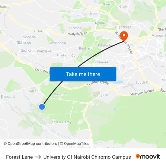 Forest Lane to University Of Nairobi Chiromo Campus map
