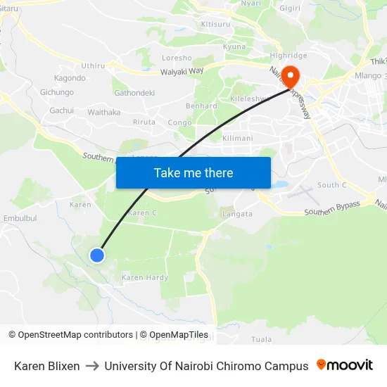 Karen Blixen to University Of Nairobi Chiromo Campus map