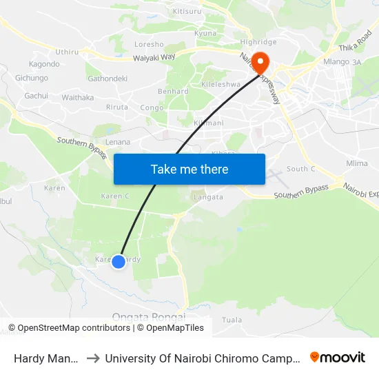 Hardy Manor to University Of Nairobi Chiromo Campus map