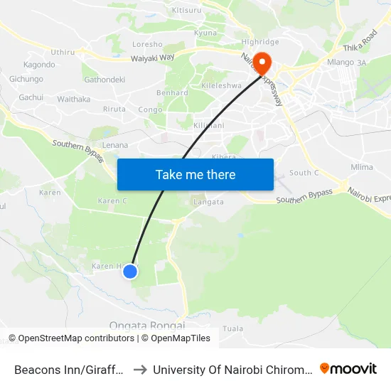 Beacons Inn/Giraffe Centre to University Of Nairobi Chiromo Campus map