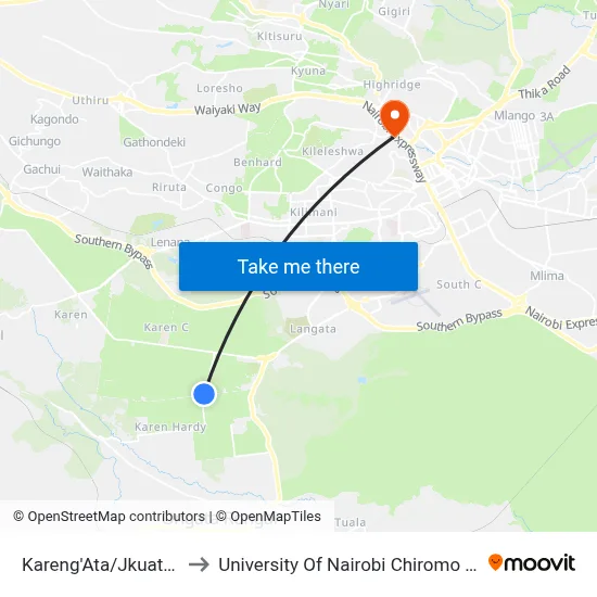 Kareng'Ata/Jkuat/Cuea to University Of Nairobi Chiromo Campus map