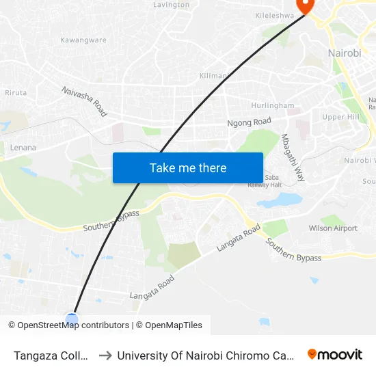 Tangaza College to University Of Nairobi Chiromo Campus map