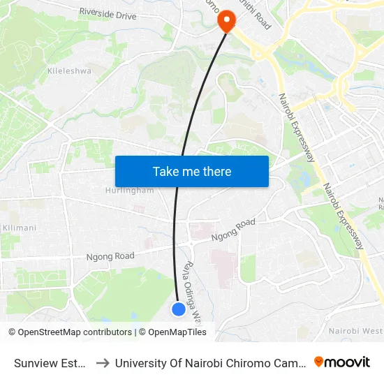 Sunview Estate to University Of Nairobi Chiromo Campus map