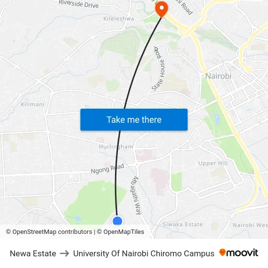 Newa Estate to University Of Nairobi Chiromo Campus map