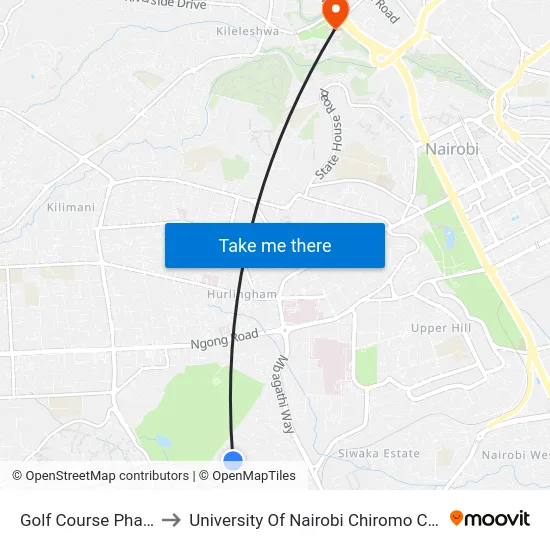 Golf Course Phase 2 to University Of Nairobi Chiromo Campus map