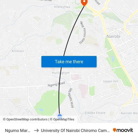 Ngumo Market to University Of Nairobi Chiromo Campus map