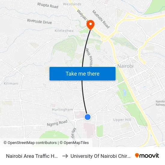 Nairobi Area Traffic Headquarters to University Of Nairobi Chiromo Campus map