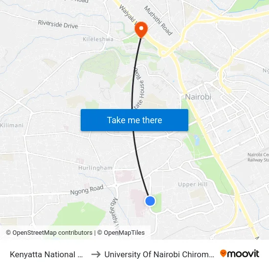 Kenyatta National Hospital to University Of Nairobi Chiromo Campus map