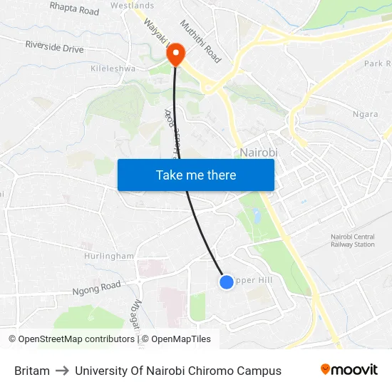 Britam to University Of Nairobi Chiromo Campus map
