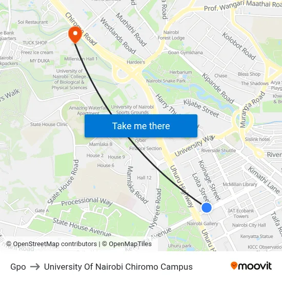 Gpo to University Of Nairobi Chiromo Campus map