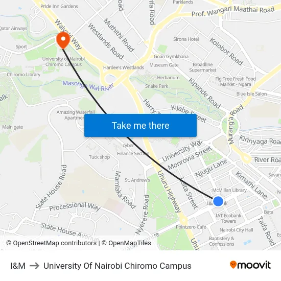 I&M to University Of Nairobi Chiromo Campus map