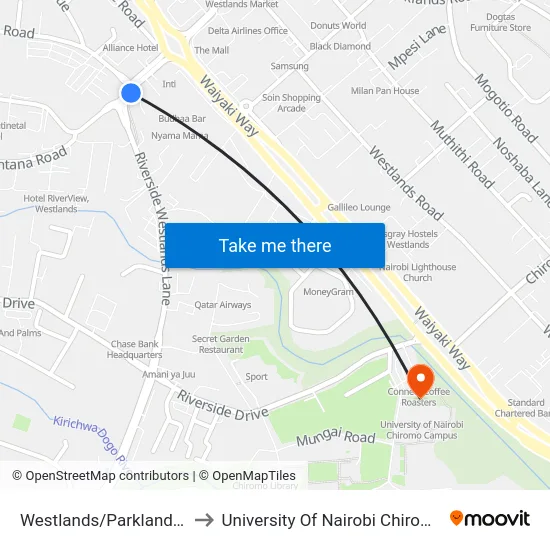 Westlands/Parklands Baptist to University Of Nairobi Chiromo Campus map