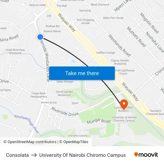 Consolata to University Of Nairobi Chiromo Campus map