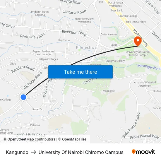 Kangundo to University Of Nairobi Chiromo Campus map