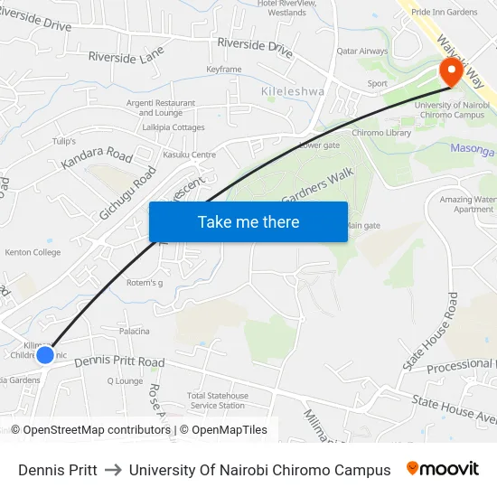 Dennis Pritt to University Of Nairobi Chiromo Campus map