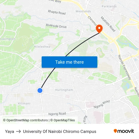 Yaya to University Of Nairobi Chiromo Campus map