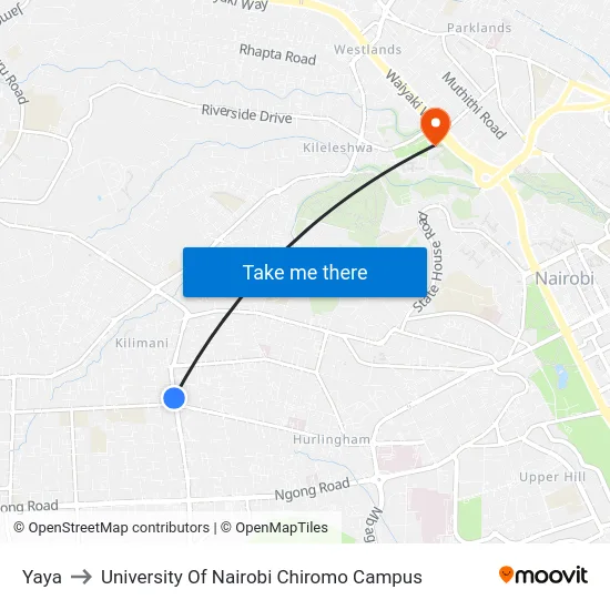 Yaya to University Of Nairobi Chiromo Campus map