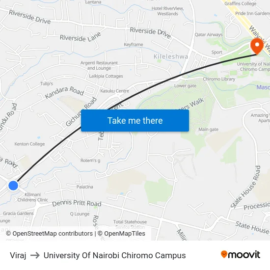 Viraj to University Of Nairobi Chiromo Campus map